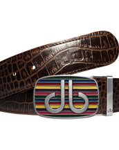 Brown Crocodile Textured Leather Belt with Multi-color Striped Buckle
