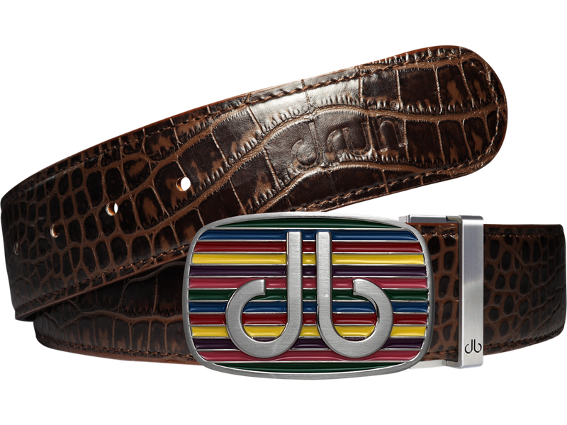 Brown Crocodile Textured Leather Belt with Multi-color Striped Buckle