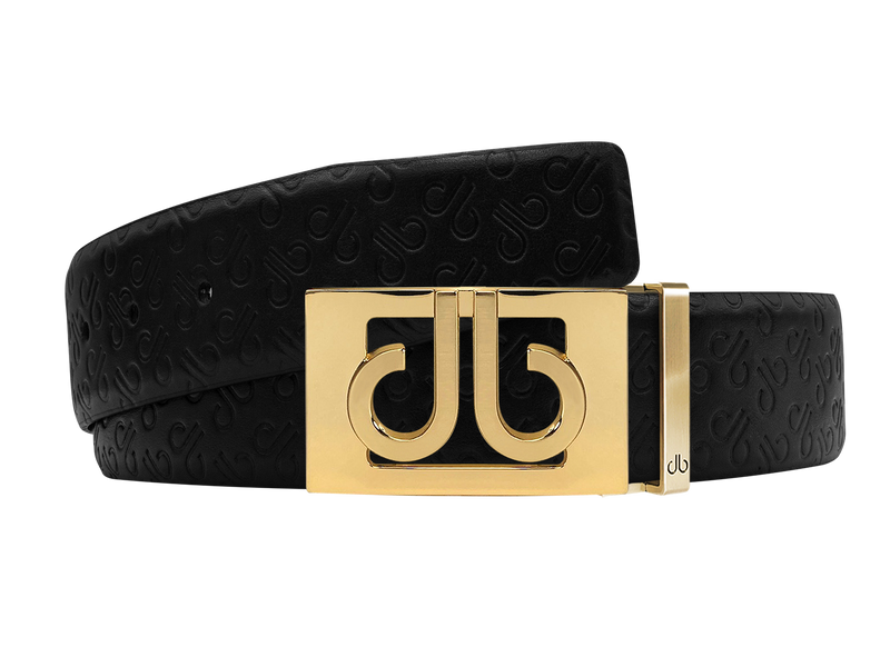 Black Db Icon Pattern Embossed Leather Belt With Gold Db Classic Thru Buckle