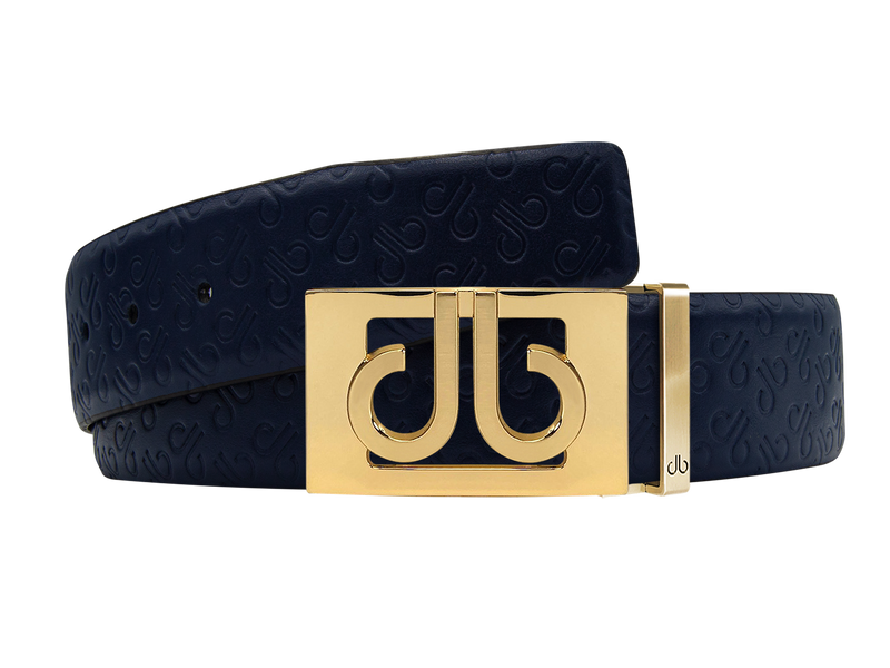 Dark Blue Db Icon Pattern Embossed Leather Belt With Gold Db Classic Thru Buckle