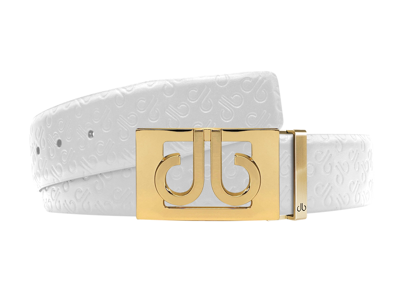 White Db Icon Pattern Embossed Leather Belt With Gold Db Classic Thru Buckle