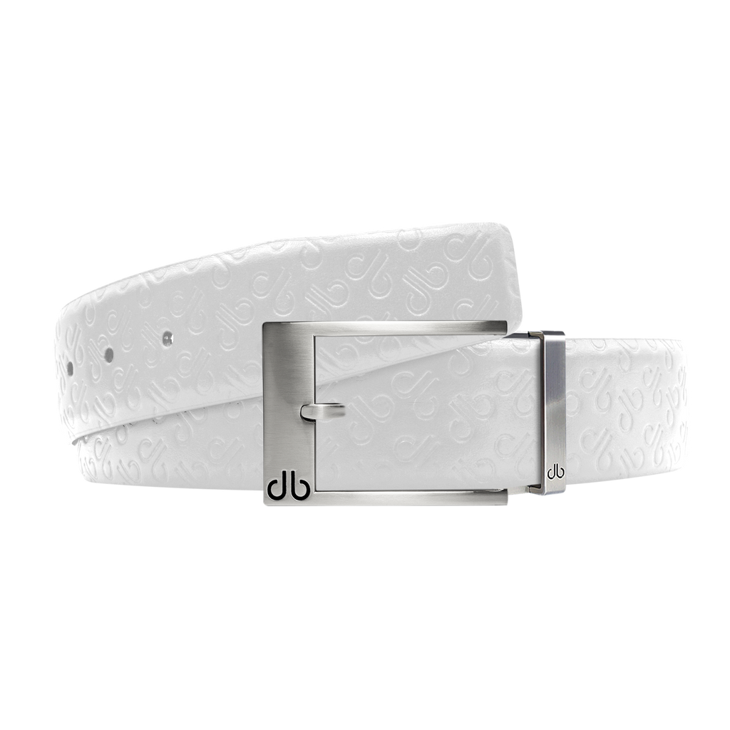 White Db Icon Pattern Embossed Leather Belt With Silver Classic Prong Buckle