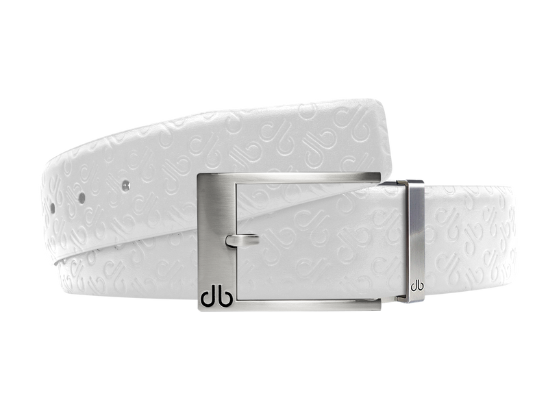 White Db Icon Pattern Embossed Leather Belt With Silver Classic Prong Buckle