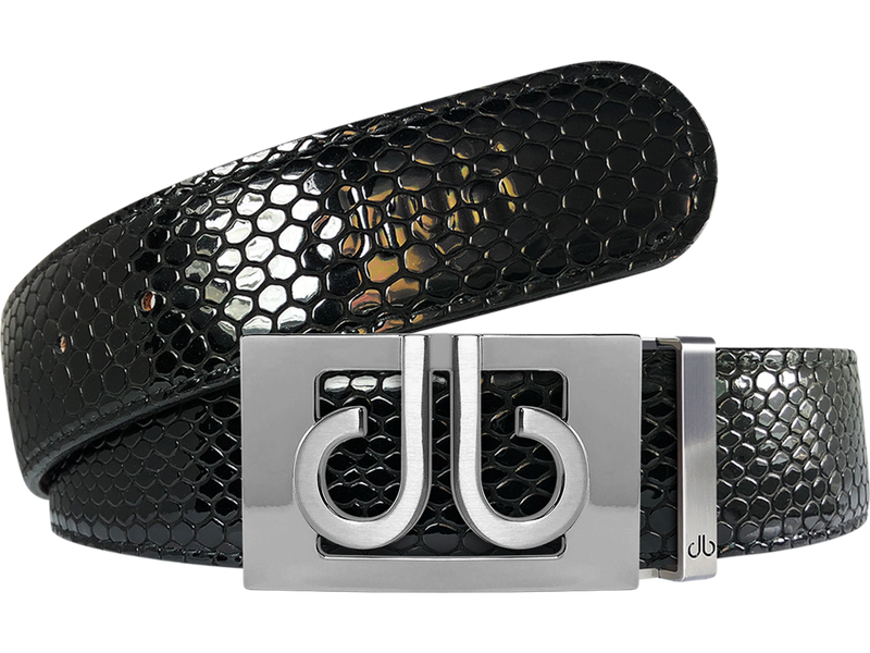 Black Snakeskin Textured Leather Belt with Classic Silver Thru Buckle