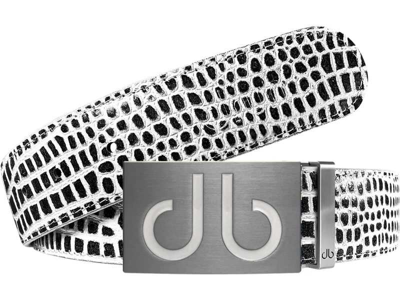 Black and White Crocodile Textured Leather Belt with White Infill Buckle
