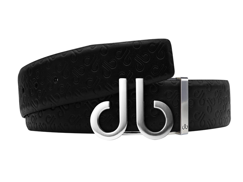 Black Db Icon Pattern Embossed Leather Belt With Druh Db Silver Icon Buckle