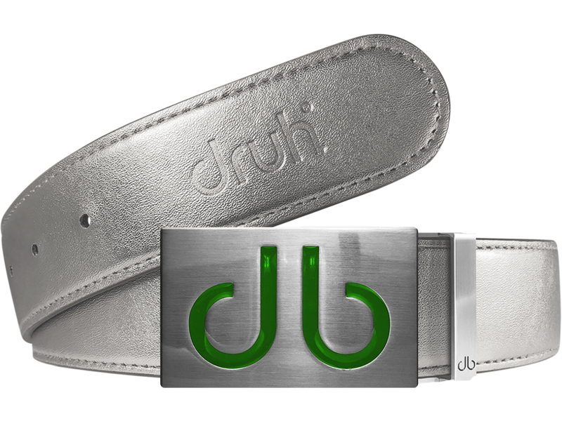 Silver Plain Leather Texture Belt with Green Infill Buckle