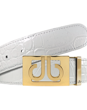 White Crocodile Textured Leather Belt with Gold Thru Classic Buckle