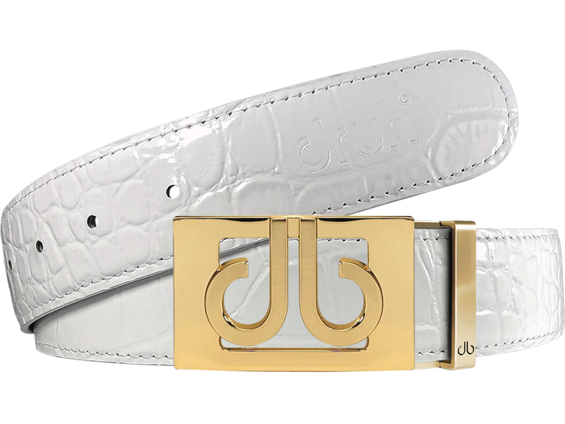 White Crocodile Textured Leather Belt with Gold Thru Classic Buckle