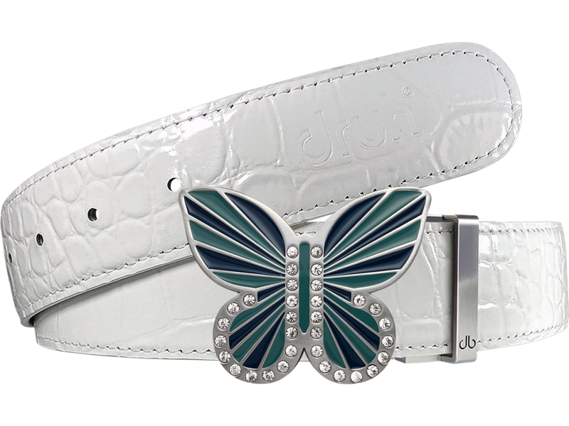 White Crocodile Textured Leather Belt with Butterfly Buckle
