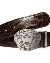 John Daly Lion Buckle and Crocodile Leather Belt in Dark Brown