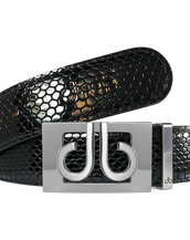 Black Snakeskin Textured Leather Belt with Silver thru Buckle