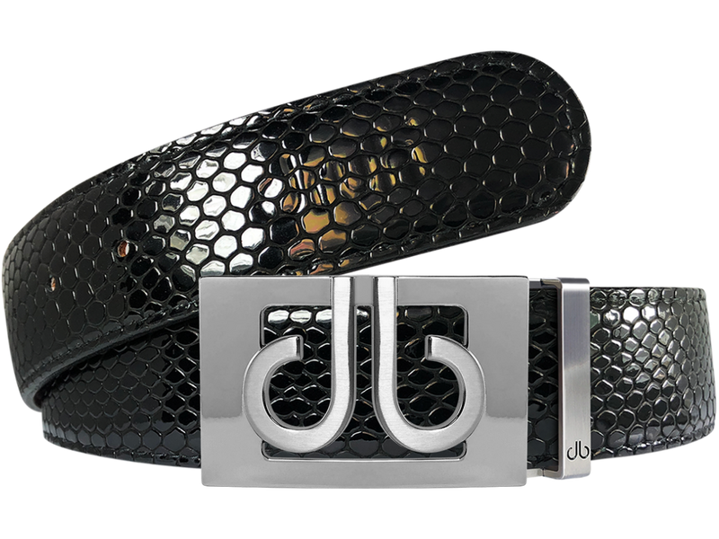 Black Snakeskin Textured Leather Belt with Silver thru Buckle
