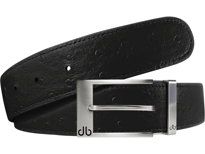 Black Ostrich Textured Leather Belt with Silver Prong Buckle