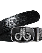 Black Lizard Texture Leather Belt with Black Diamante Buckle