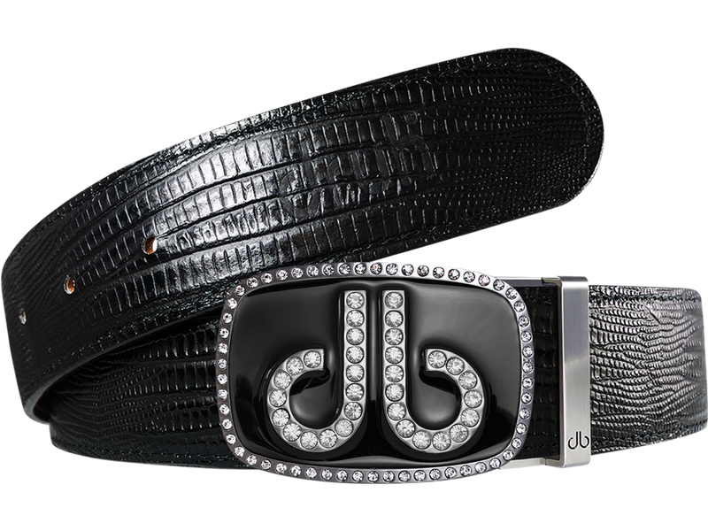 Black Lizard Texture Leather Belt with Black Diamante Buckle