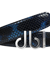 Shiny Snakeskin Texture Belt Blue & Black with Brushed Silver ‘db’ Icon Buckle