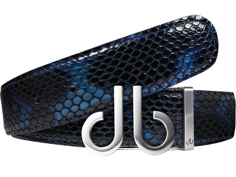 Shiny Snakeskin Texture Belt Blue & Black with Brushed Silver ‘db’ Icon Buckle