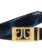 Shiny Snakeskin Texture Belt Blue & Black with Gold ‘db’ Thru Buckle