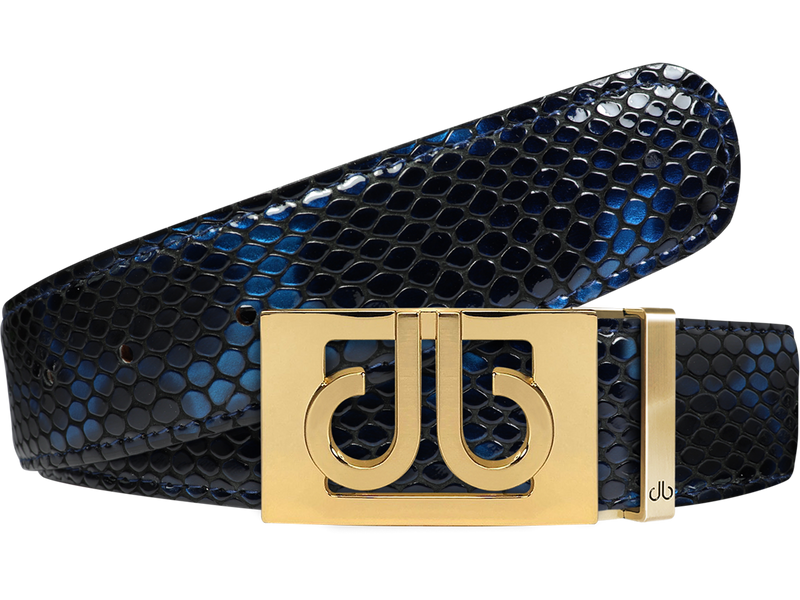 Shiny Snakeskin Texture Belt Blue & Black with Gold ‘db’ Thru Buckle
