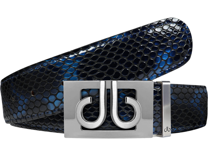 Shiny Snakeskin Texture Belt Blue & Black with Silver ‘db’ Thru Buckle