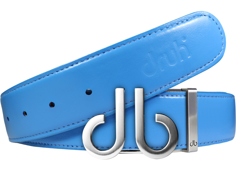 Full Grain Leather Belt in Sky Blue with Brushed Silver ‘db’ Icon Buckle
