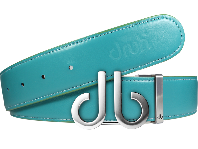 Full Grain Leather Belt in Aqua with Brushed Silver ‘db’ Icon Buckle