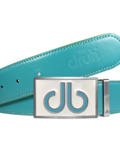 Full Grain Leather Belt in Aqua with White & Aqua Double Infill Buckle
