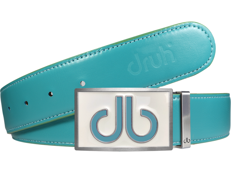 Full Grain Leather Belt in Aqua with White & Aqua Double Infill Buckle