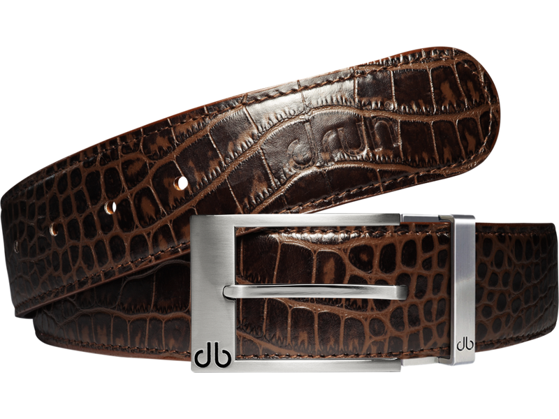 Dark Brown Crocodile Textured Leather Belt with Prong Buckle