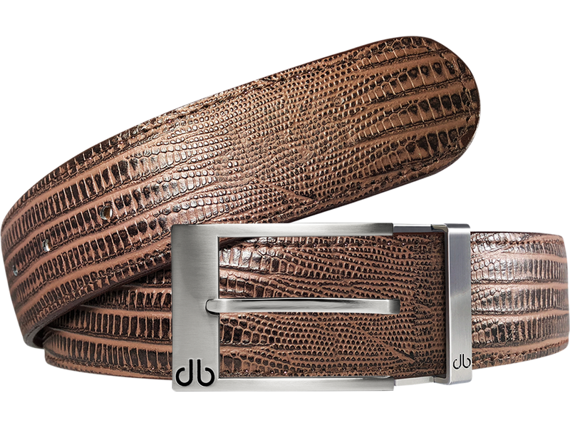 Brown Lizard Textured Leather Belt with Prong Buckle