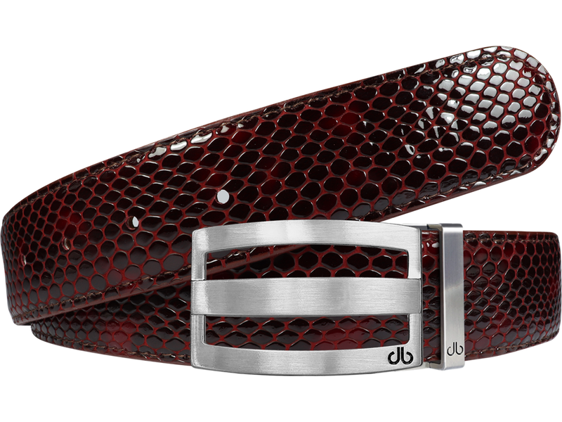 Shiny Snakeskin Texture Burgundy & Black with Silver ‘db’ Classic Stripe Buckle