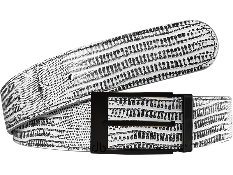 Black and White Lizard Texture Leather Belt with Matte Prong Buckle