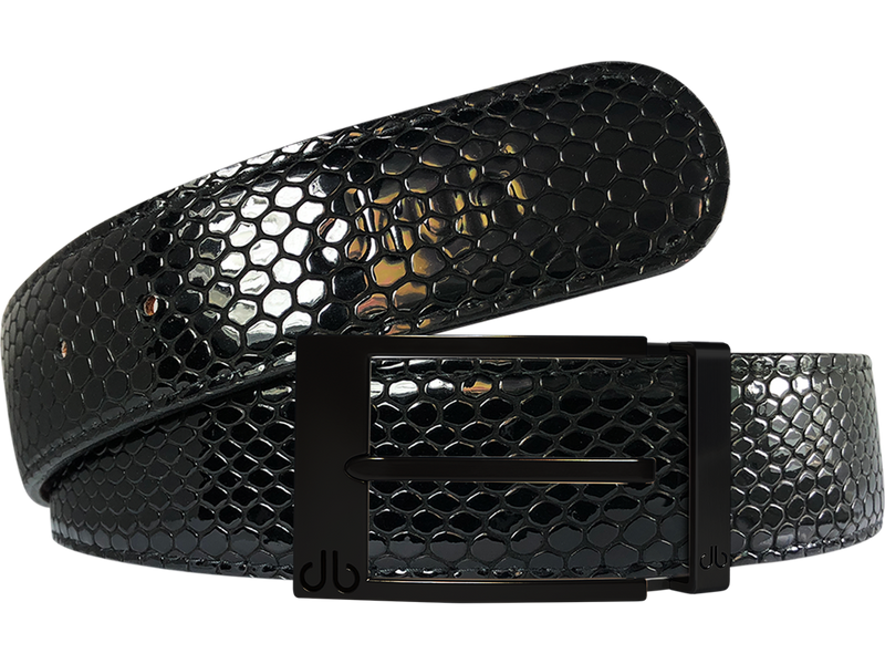 Black Snakeskin Texture Leather Belt with Matte Prong Buckle