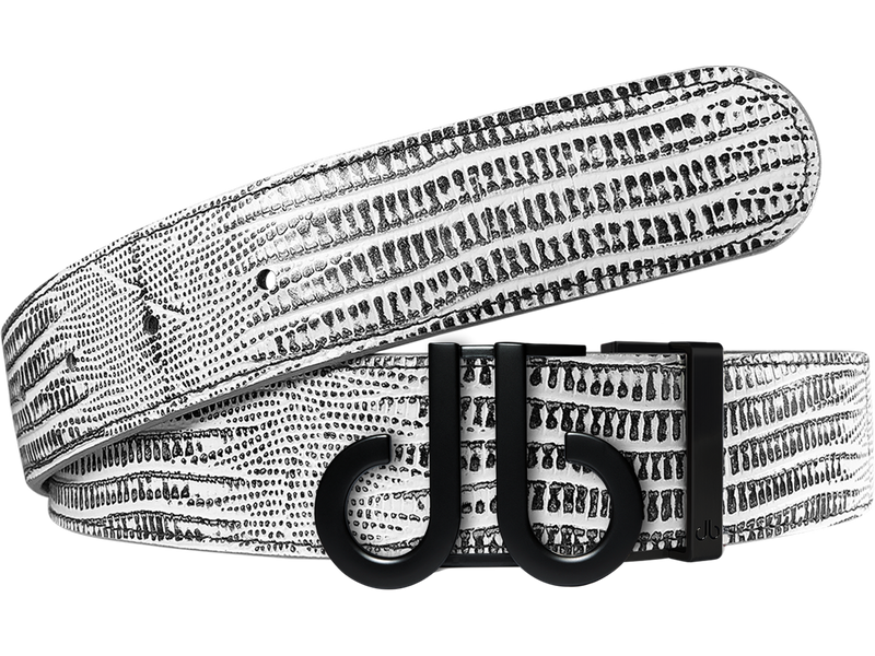 Black and White Lizard Texture Leather Belt with Matte DB Icon Buckle