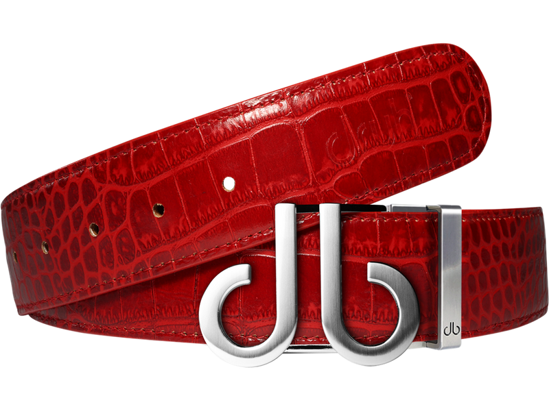 Red Crocodile Textured Leather Belt with Classic Silver DB Icon Buckle