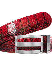 Red Real Snakeskin Leather Belt with Classic Silver Stripe Buckle