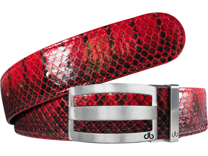 Red Real Snakeskin Leather Belt with Classic Silver Stripe Buckle