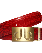 Red Crocodile Textured Leather Belt with Classic Gold Buckle