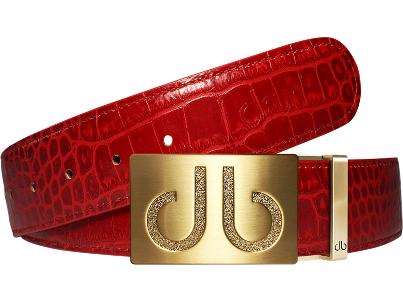 Red Crocodile Textured Leather Belt with Classic Gold Buckle