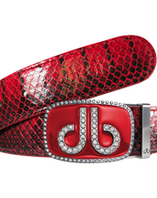 Red Real Snakeskin Leather Belt with Diamante Red Buckle