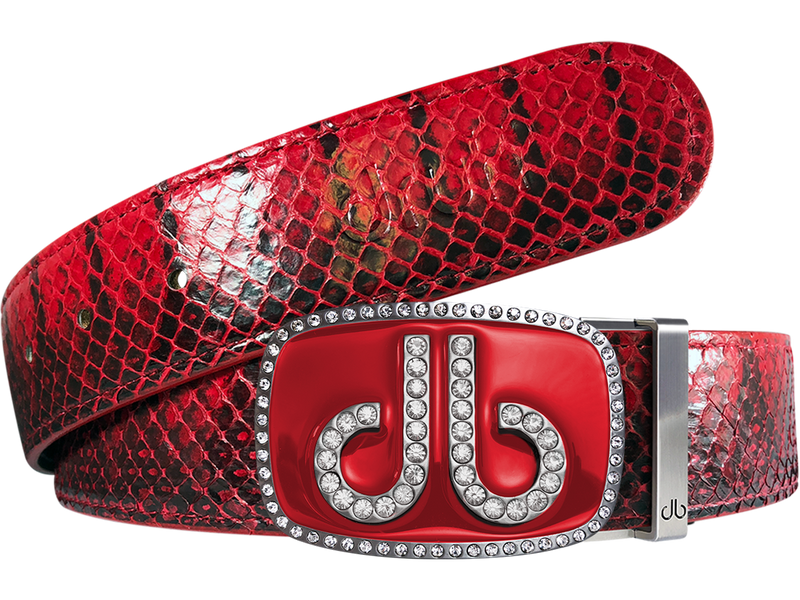 Red Real Snakeskin Leather Belt with Diamante Red Buckle